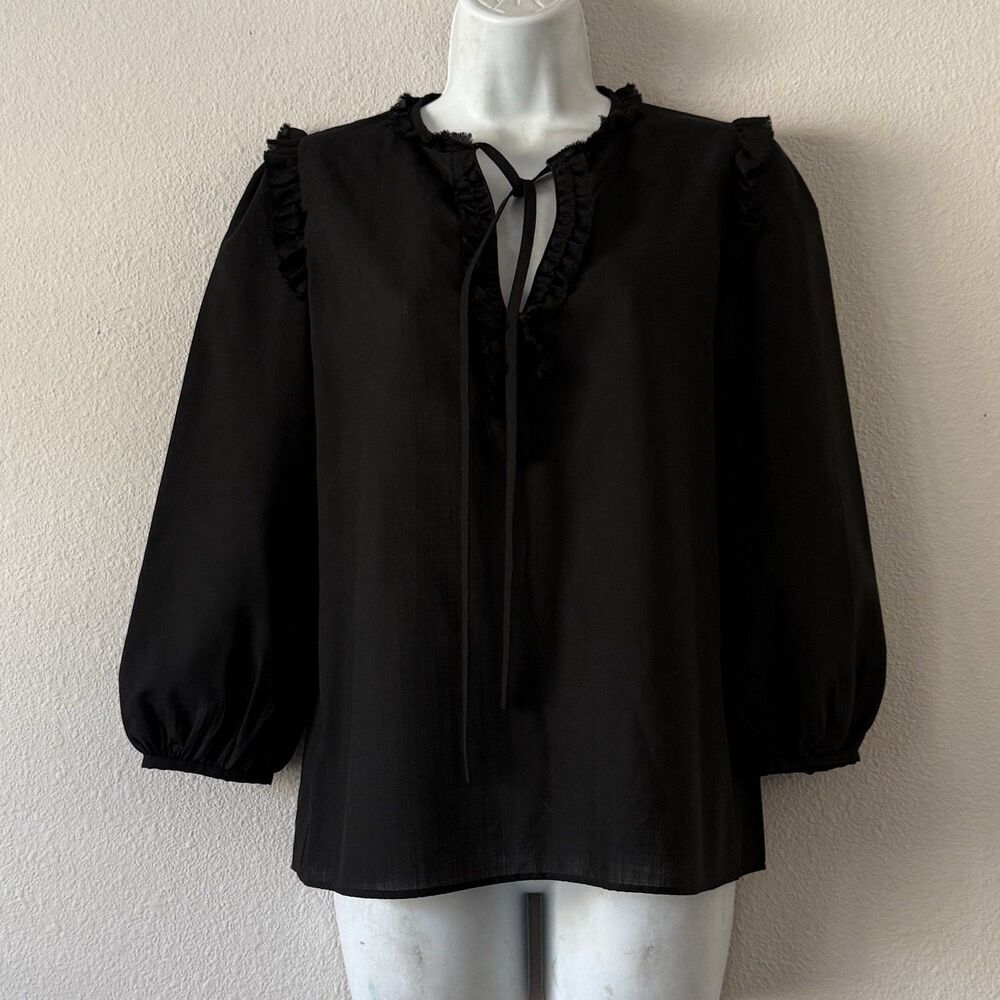 Emilio Pucci Ruffle Tie-Neck Blouse Size 6 Black Long Sleeve Italy Dark Romantic - Picture 1 of 7